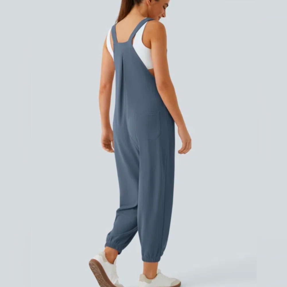 Halara Adjustable Strap Button Waffle Casual Jogger Dungarees Grisaille Medium - Picture 2 of 8